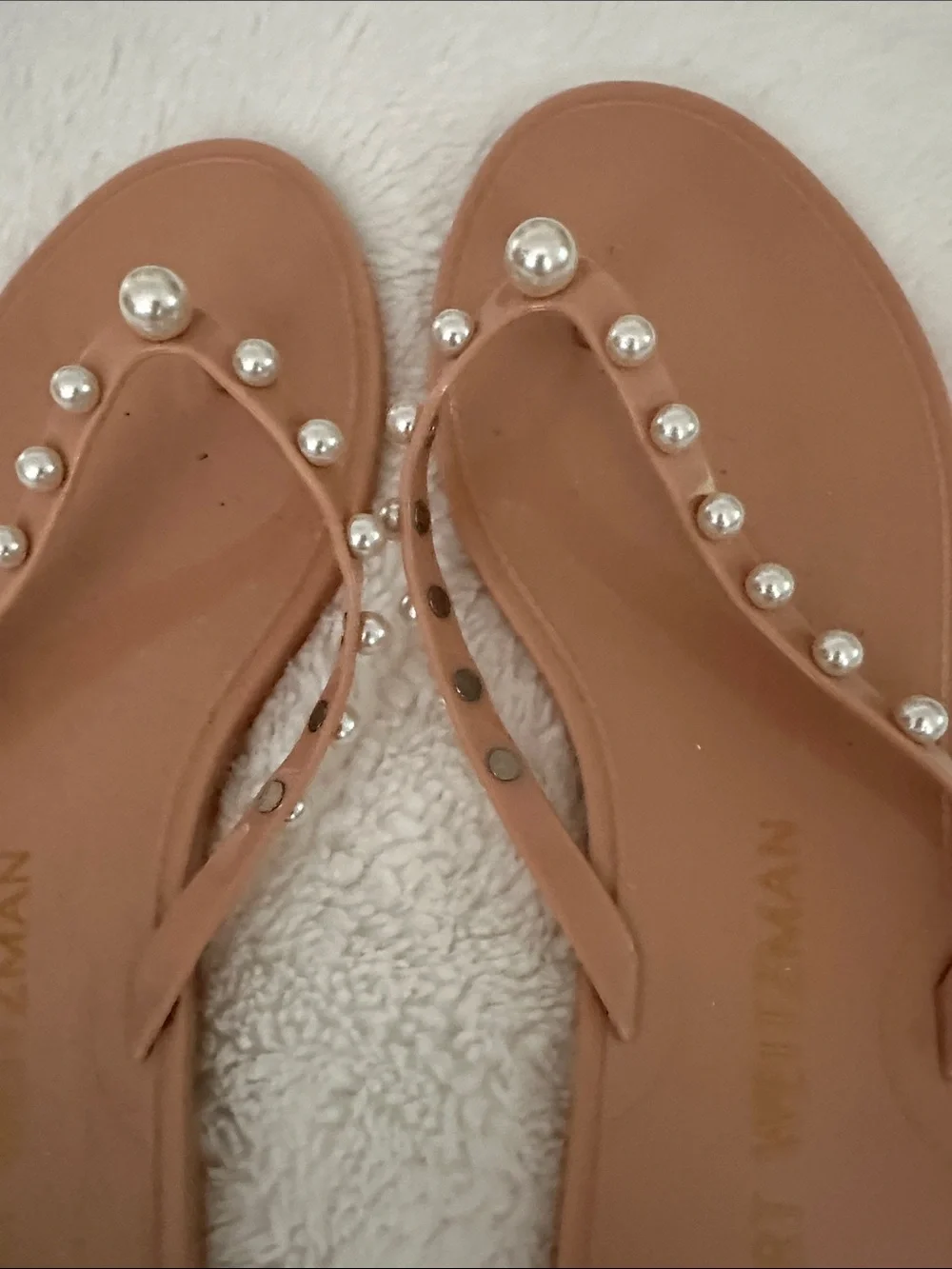Stuart Weitzman Blush Pearl-Embellished Thong Sandals